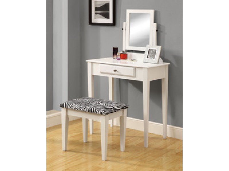 Monarch Specialties White 2pcs Vanity Set With A Zebra Fabric Stool
