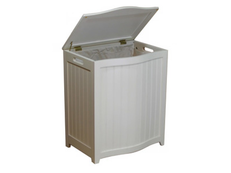 White Finished Bowed Front Laundry Wood Hamper - Lid Opened