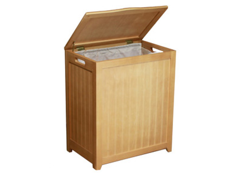Natural Finished Rectangular Laundry Wood Hamper - Lid Opened
