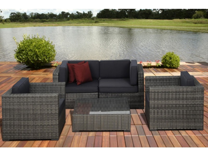 International Home Miami Atlantic Metz 5 pc Grey Wicker Seating Set with Cushions