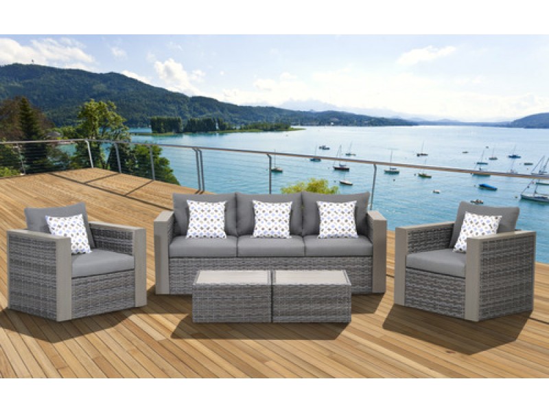 International Home Miami Atlantic Mustang 5 Piece Wicker Patio Conversation Set Grey with Grey Cushions