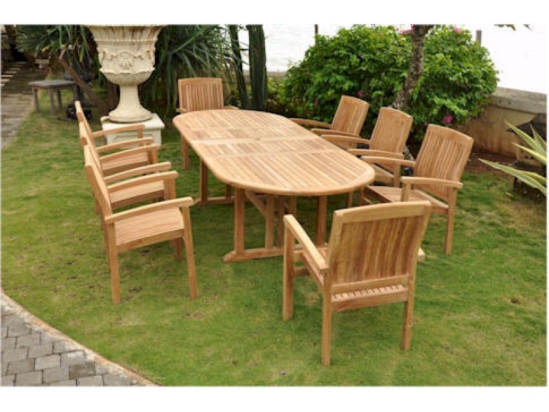 Anderson Teak Sahara 9-Piece Stackable Armchair and Oval Double Extension Outdoor Dining Set