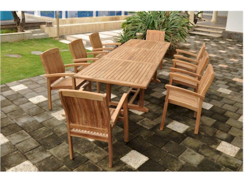 Anderson Teak Sahara 9-Piece Stackable Armchair and Bahama 118" Rectangular Extension Outdoor Dining Set