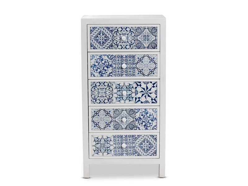 Baxton Studio Alma White Wood Blue Floral Tile 5 Drawers Accent Chest