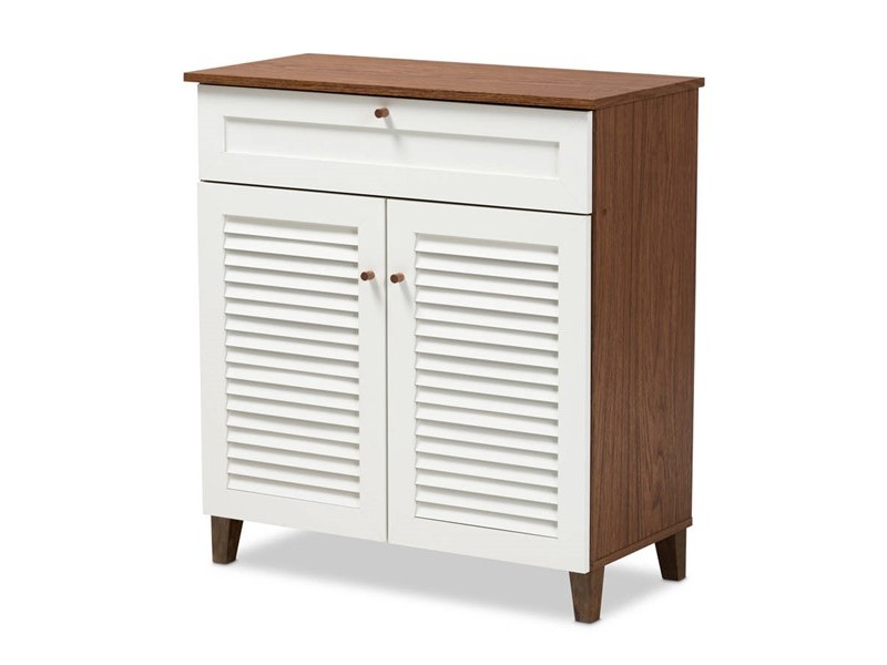 Baxton Studio Coolidge White Walnut 4 Shelf Shoe Storage Cabinet with Drawer