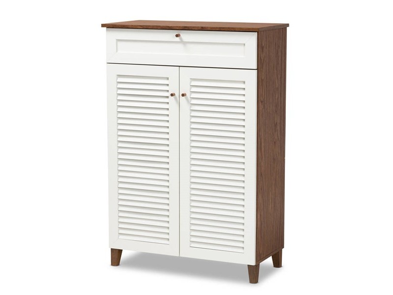 Baxton Studio Coolidge White Walnut 5 Shelf Shoe Storage Cabinet with Drawer