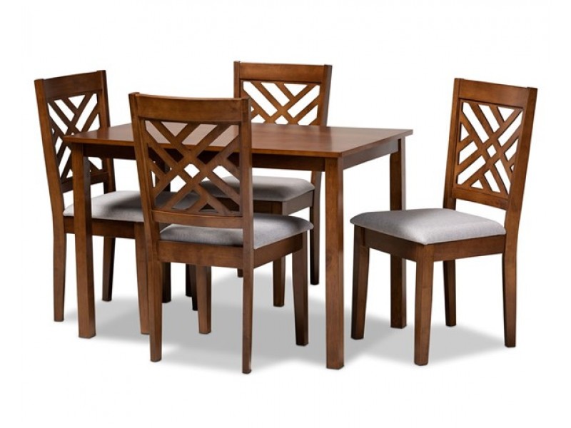 Baxton Studio Caron Grey Fabric Walnut Brown Wood 5pc Dining Set