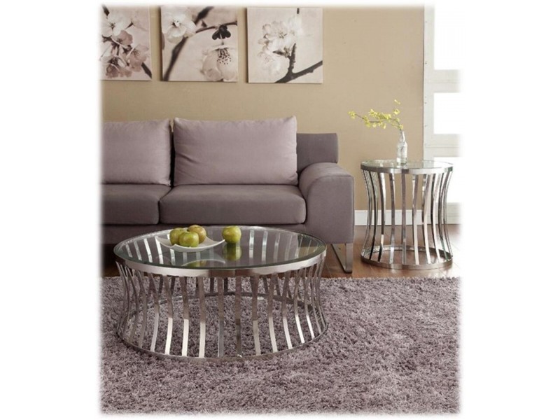 Diamond Sofa Capri Round Stainless Steel Cocktail Table w/ Clear Tempered Glass Top 