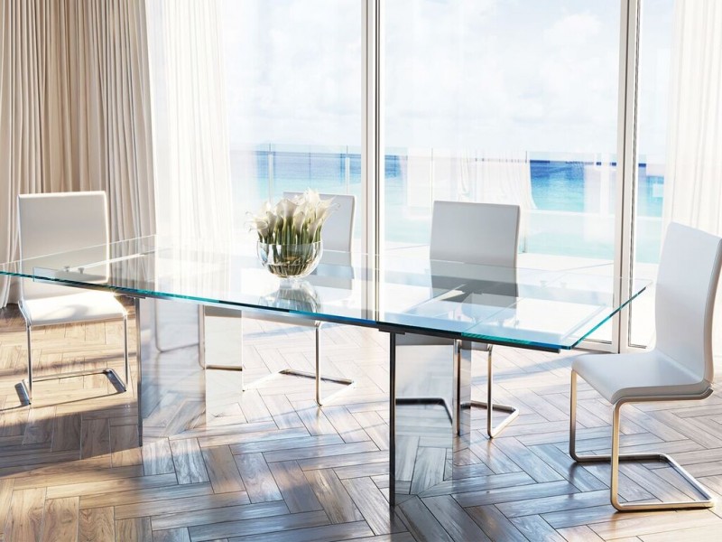 TOWER Extendable Stainless Steel / Clear Glass Dining Table - Lifestyle