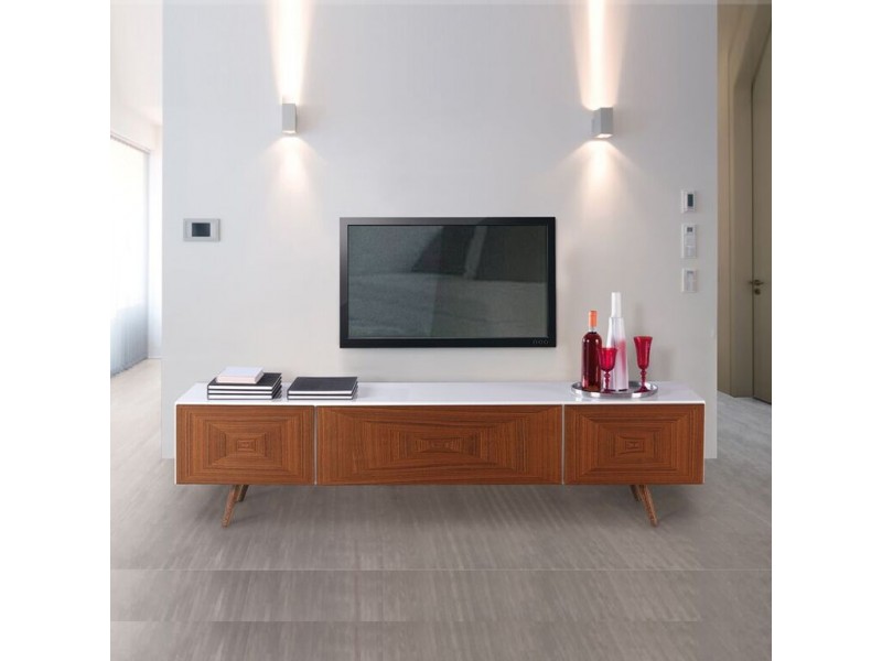 City TV Stand In White HG With Walnut Front - Lifestyle
