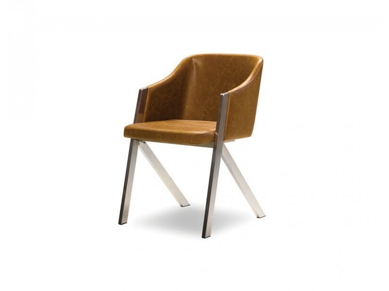 Sebastian Arm Chair Cognac Leathette With Brushed Stainless Steel Legs Set of 2 - Front Angled