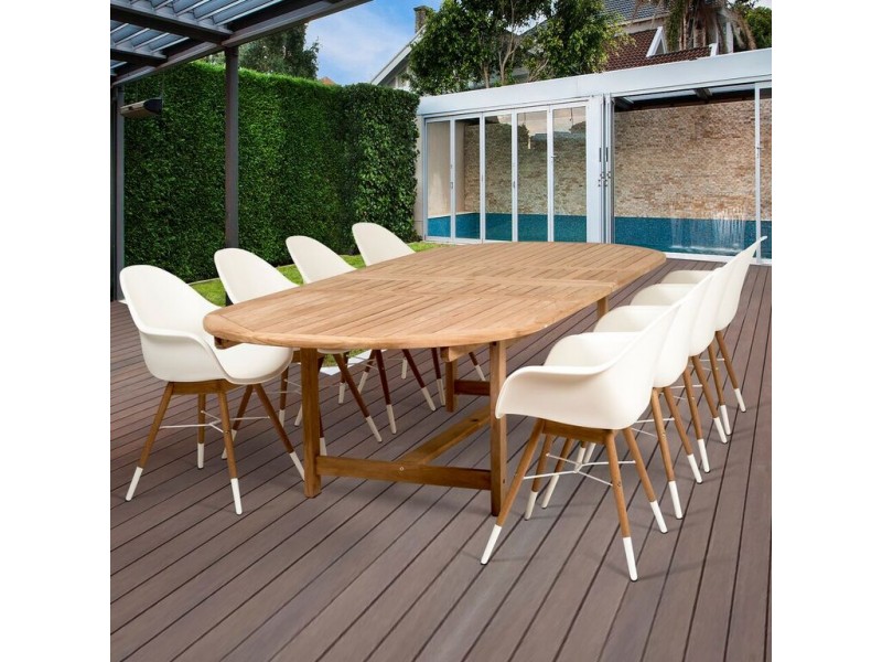  Amazonia Charlotte 9 Piece Teak Double Extendable Rectangular Patio Dining Set - Lifestyle