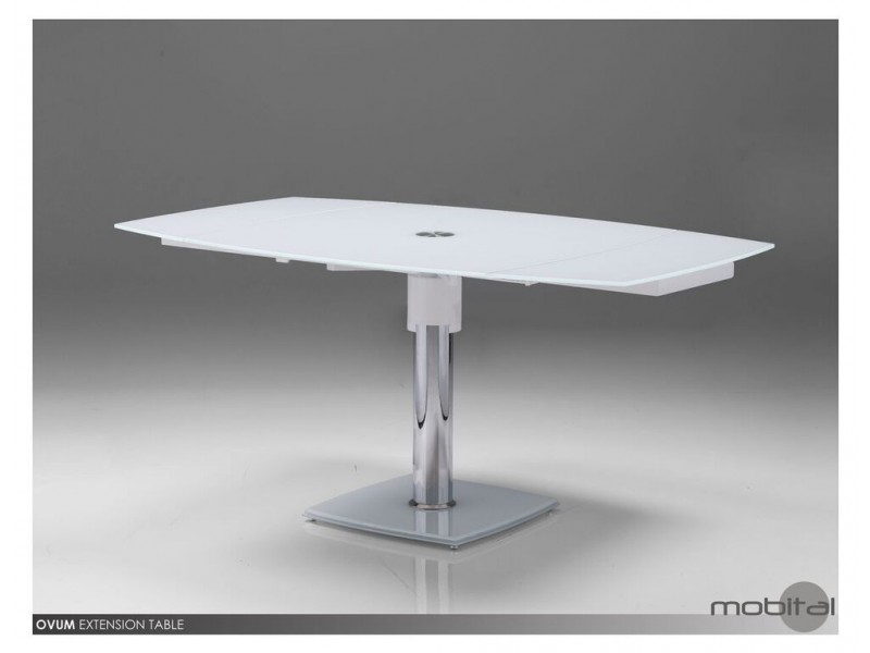 Ovum Extending Dining Table Pure White Glass with Polished Stainless Steel