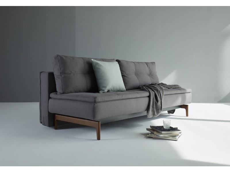 Dual Sofa With Dark Wood Legs  and Soft Grey Fabric - Angled View