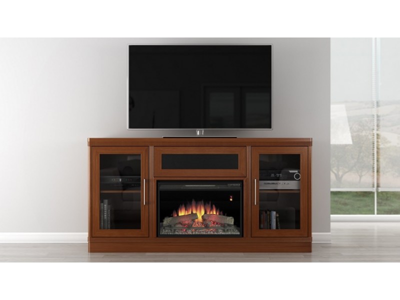 Furnitech 70" Transitional TV Console w/ 25" Electric Fireplace-Light Cherry 