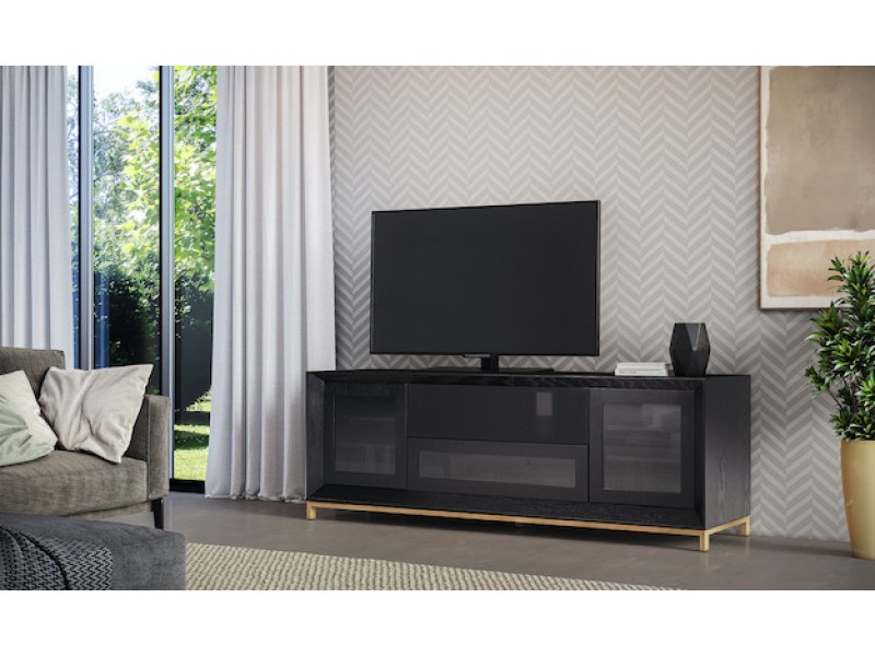 Furnitech Signature Home 78" Contemporary Ebony Oak TV Stand Media Console with Gold Steel Base - Lifestyle
