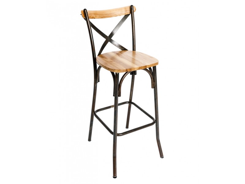 Henry Cross Back Barstool In Autumn/Natural Ash Wood Back And Steel Frame With Distressed Finish