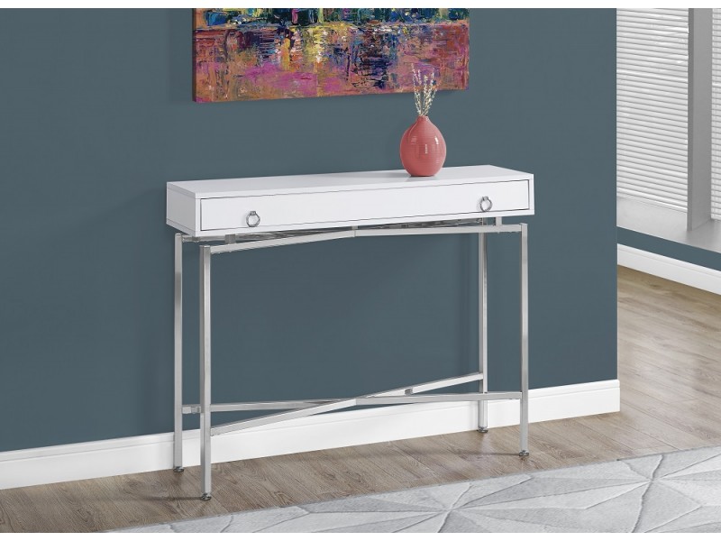 Accent Table - 42"L / Glossy White / Chrome Hall Console