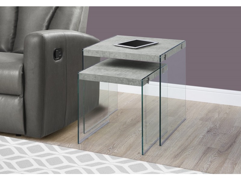 Nesting Table - 2pcs Set / Grey Cement / Tempered Glass