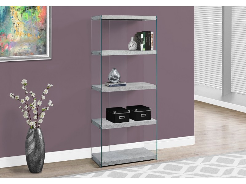 Bookcase - 60"H / Grey Cement With Tempered Glass