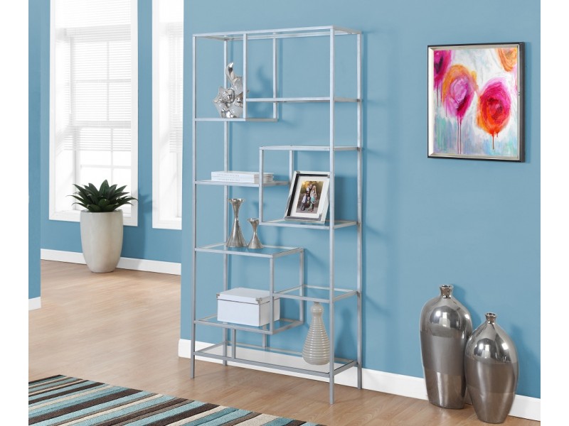 Bookcase - 72"h / Silver Metal With Tempered Glass