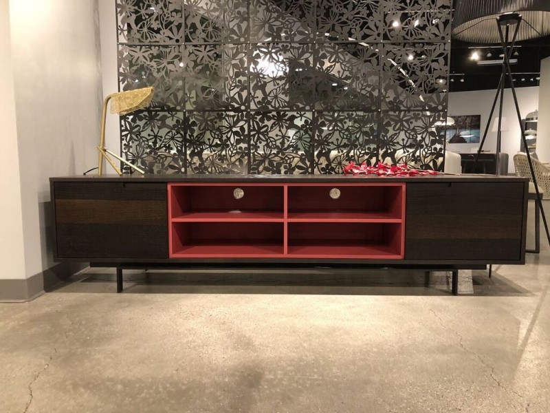 Cleveland Tv Unit In Smoke Oak Veneer And Red Shelf - Lifestyle