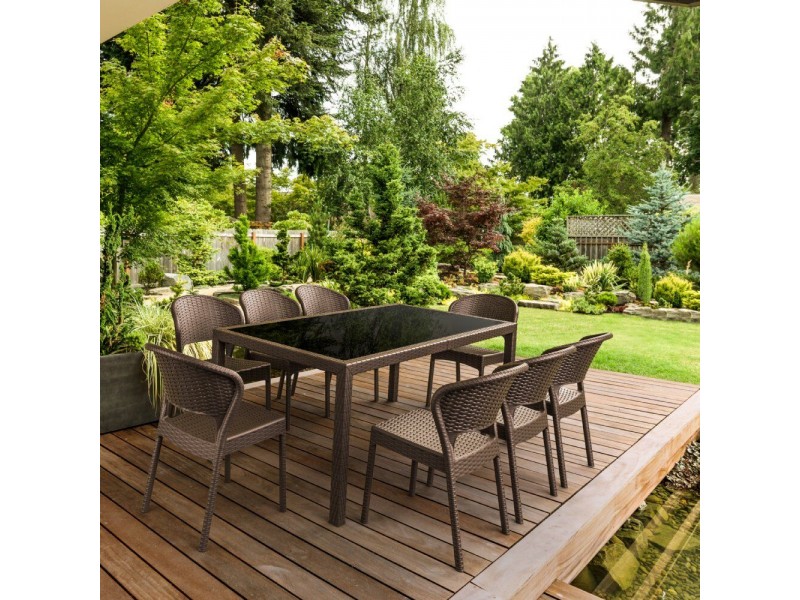 Compamia Daytona Wickerlook 9-Piece Glass Top Rectangle Dining Set - Brown