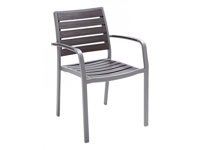 Aluminum Arm Chair W/ Faux Teak Back and Seat - Gray