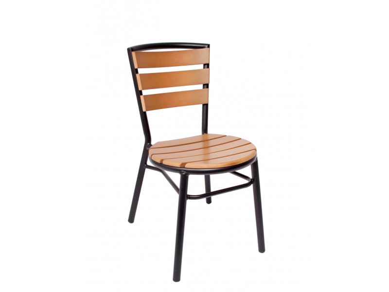 Norden Stacking Side Chair - Synthetic Teak Slats - Black Powder Coat Aluminum Frame