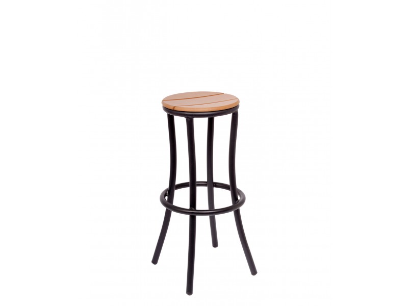 Norden Backless Barstool - Synthetic Teak Slats - Black Powder Coat Aluminum Frame