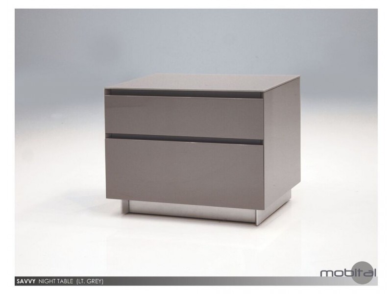 Savvy 2 Drawer Night Table High Gloss Light Grey with Brushed Stainless Steel