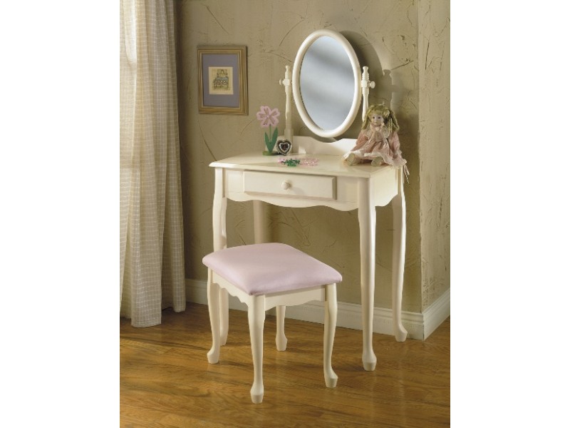Powell Off-White Vanity with Mirror & Bench Set