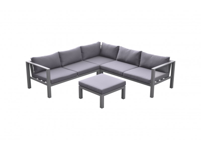 Cliff Outdoor Patio Aluminum Sectional in Grey Powder Coated Finish with Grey Fabric Cushions - Front with White BG