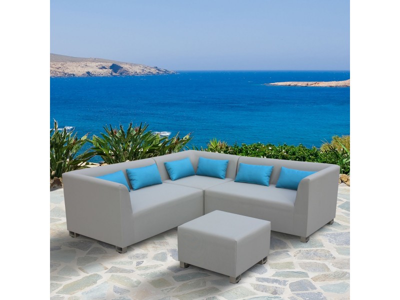 Lagoon 4 piece Outdoor Textilene Sectional Set in Taupe with Sky Blue Accent Pillows