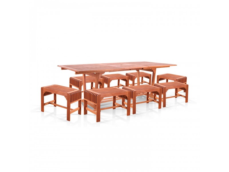 Malibu Outdoor 9-piece Wood Patio Dining Set with Extension Table & Backless Chairs - White BG