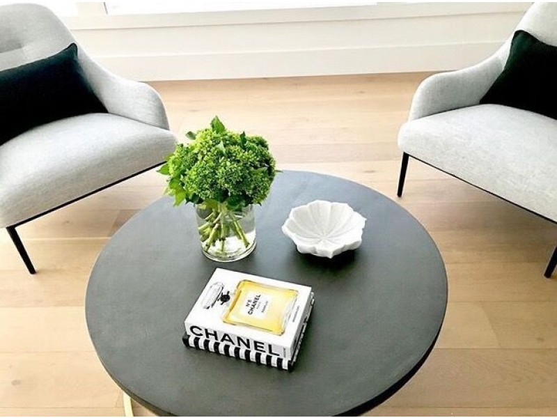 Deco 35" Round Coffee Table Black Concrete Laminate with Gold Brushed Stainless Steel - Lifestyle