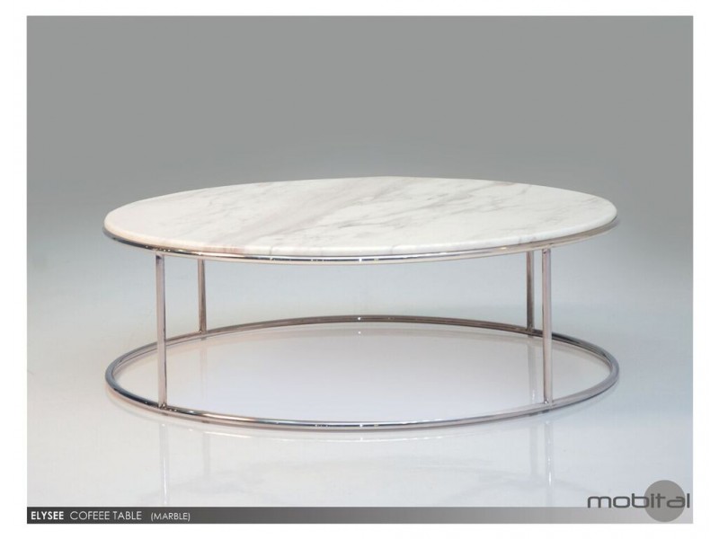 Elysee 39" Round Coffee Table White Volakas Marble with Polished Stainless Steel
