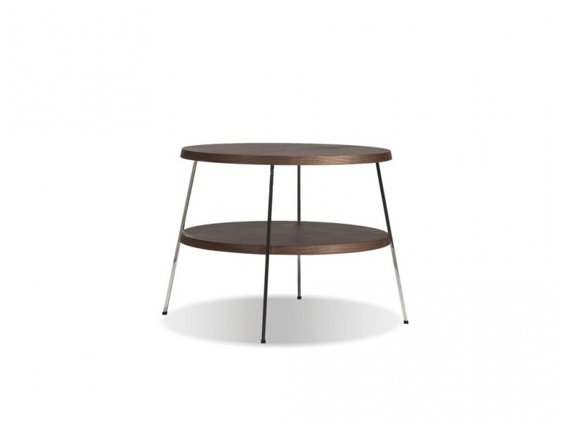 Double Decker 24" Diameter End Table American Walnut Veneer Tops with Polished Stainless Steel Frame