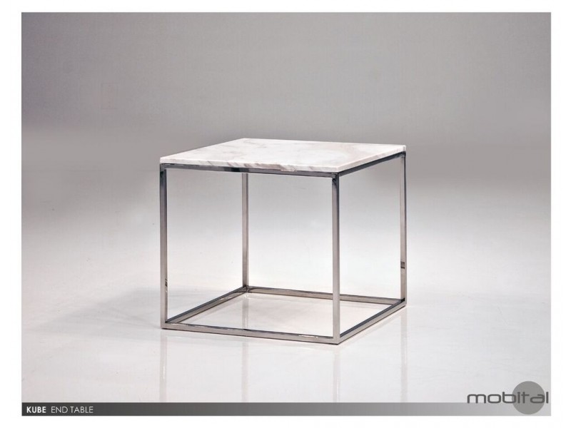 Kube End Table White Volakas Marble with Polished Stainless Stee