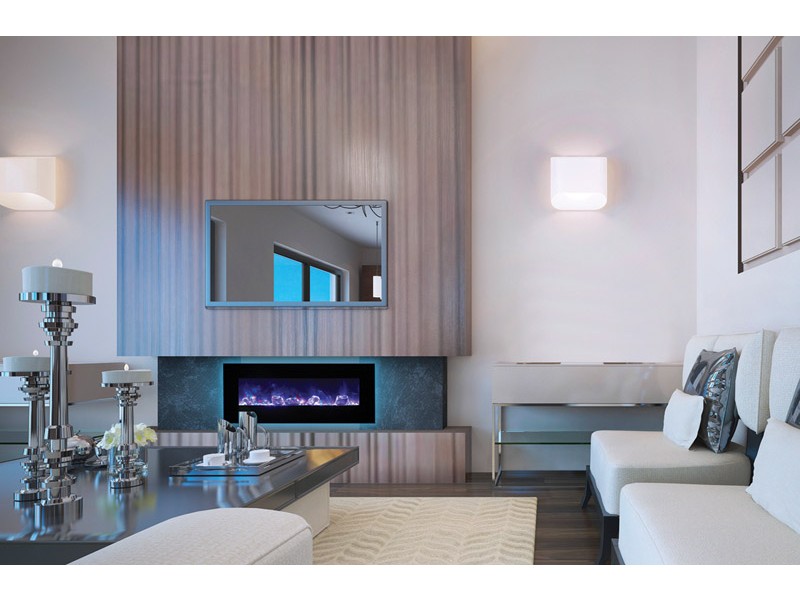 Amantii 48" Flush Mount fireplace with Black Glass Surround And Log set 