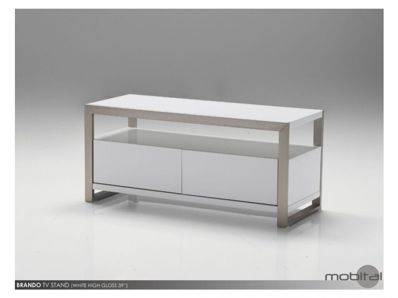 Brando 39x16x18 TV Stand High Gloss White with Polished Stainless Steel