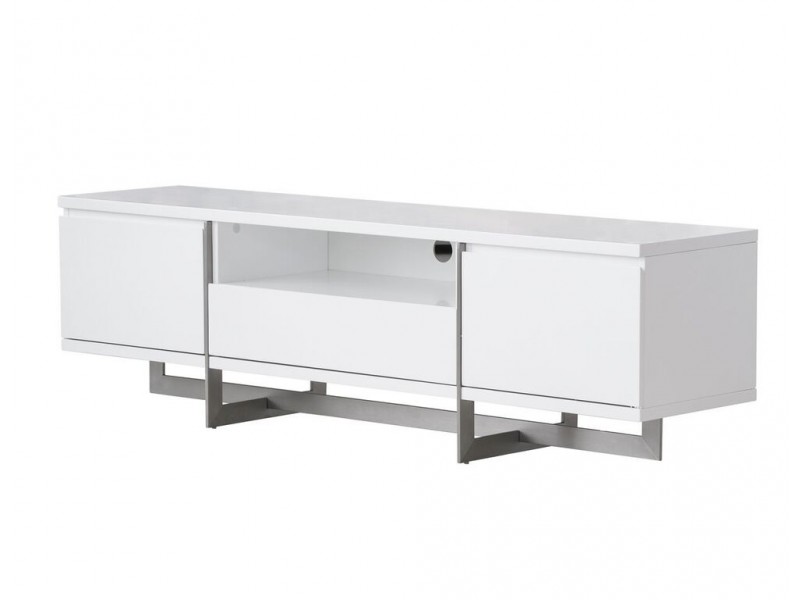 Remi 71x21x17 TV Stand Matte White with Brushed Stainless Steel - Drawers Opened