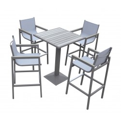 Armen Living Marina Outdoor Patio Set Grey Finish and Grey Wood Top (Table with 4 barstools)