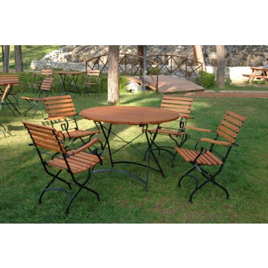 Furniture Designhouse French Cafe Round Bistro 32" Round Folding Table - European Chestnut Wood Slat Top