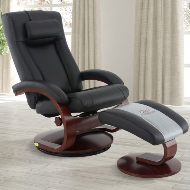 Hamar Recliner and Ottoman with Cervical Pillow in Black Top Grain Leather 
