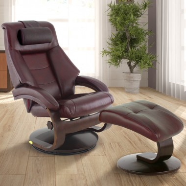Mandal Recliner and Ottoman with Cervical Pillow in Merlot Top Grain Leather
