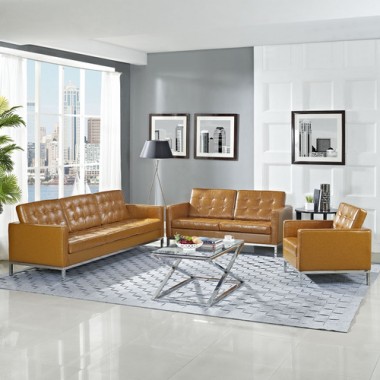 Modway Loft Armchair Loveseat and Sofa Set 3 Piece Set in Tan