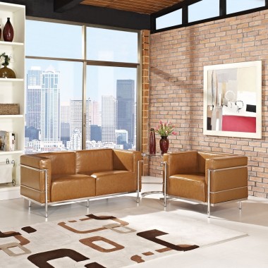 Modway Charles Grande Leather Loveseat and Armchair Set Of 2 in Tan Hover