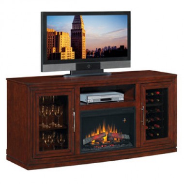 Fireside America Classic Flame 26 Inches Baxter Triple Function Media Console with Electric Fireplace and Wine Cooler - Empire Cherry