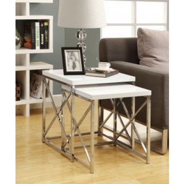 Monarch Specialties Glossy White / Chrome Metal 2pcs Nesting Table Set